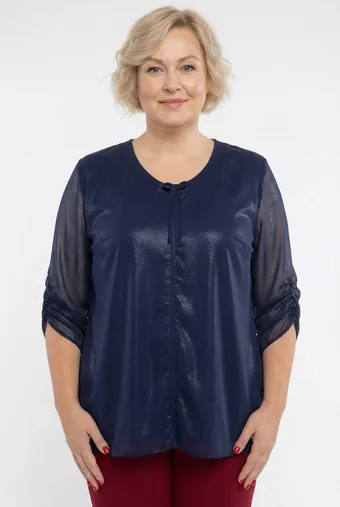Tmavě šifonová halenka s kravatou a bílými vzory